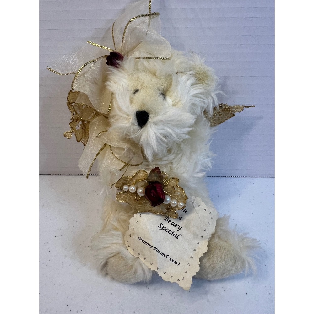 Lace Memories Two Gifts in One Plush Teddy Bear Cream Gold Lace Pearl Rose Pin